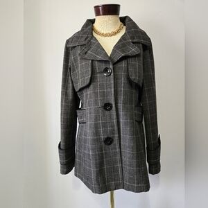 THREE STONES Grey Plaid Coat With Red Lining. Size XL